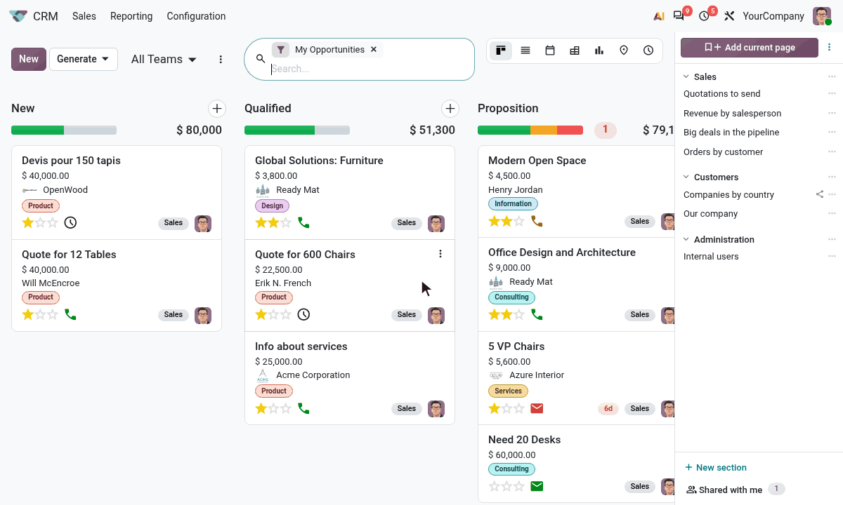 Filtering the CRM pipeline, bookmarking it in one click, then reopening it from the bookmarks bar
