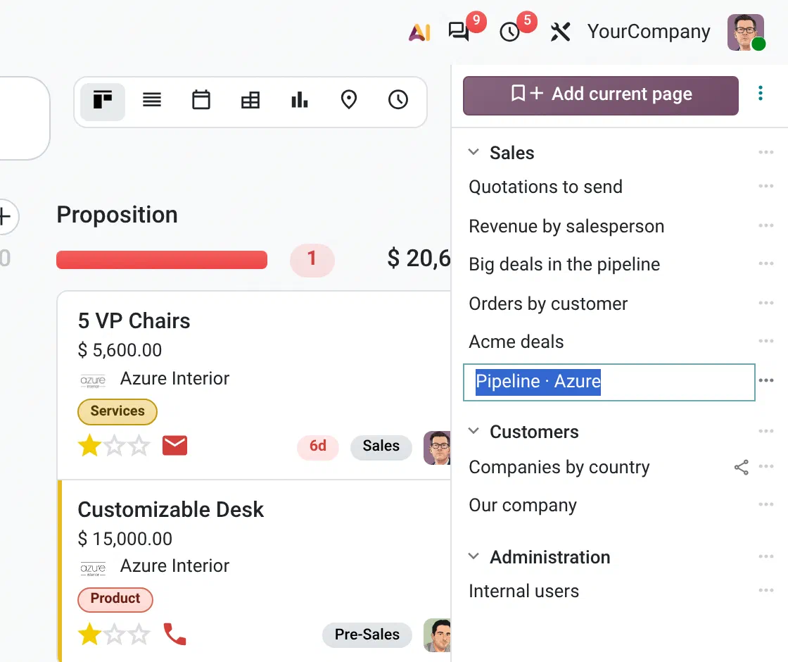 A new bookmark named Pipeline · Azure, ready to rename, after clicking Add current page