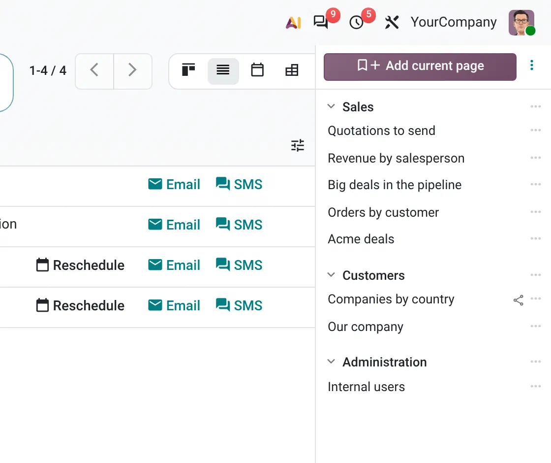 The MN Bookmarks bar with Sales, Customers and Administration sections next to a filtered CRM list