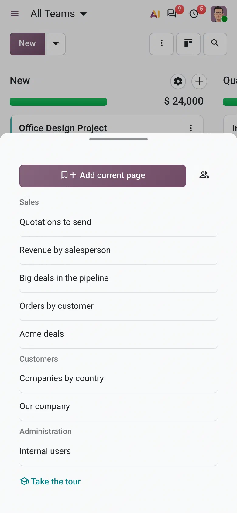 The bookmarks sheet open on a phone