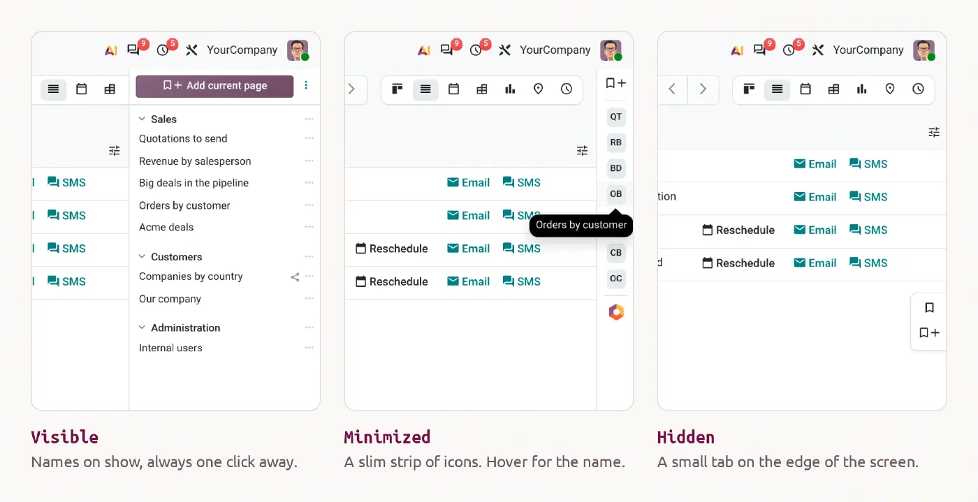 The bookmarks bar in its Visible, Minimized and Hidden modes