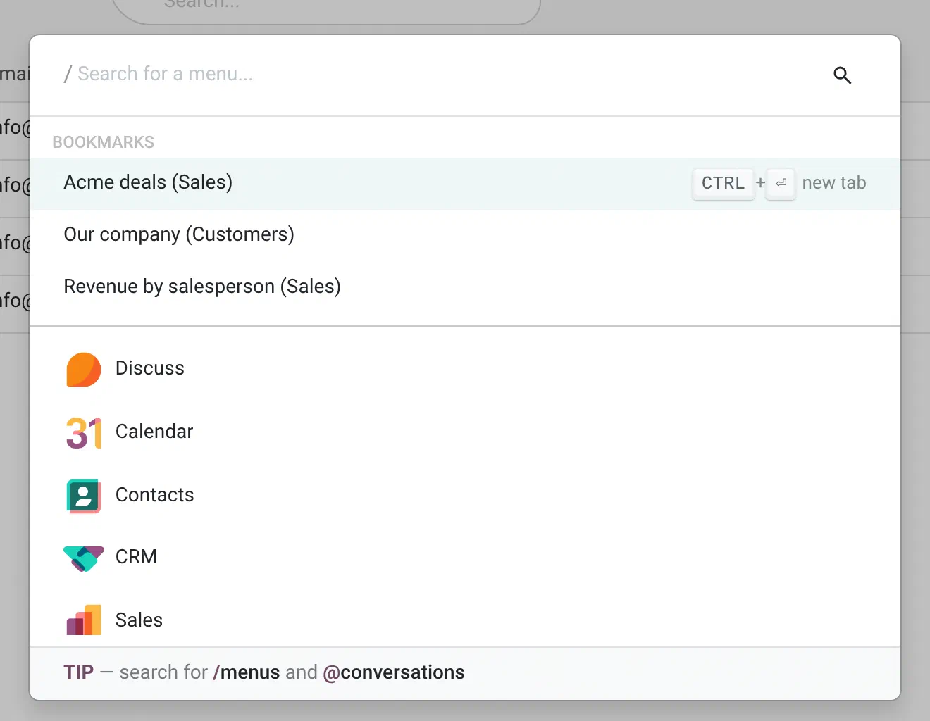 Bookmarks listed at the top of the Odoo command palette