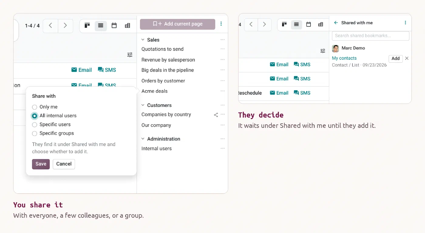 Sharing a bookmark with all internal users, and a colleague's Shared with me list with an Add button