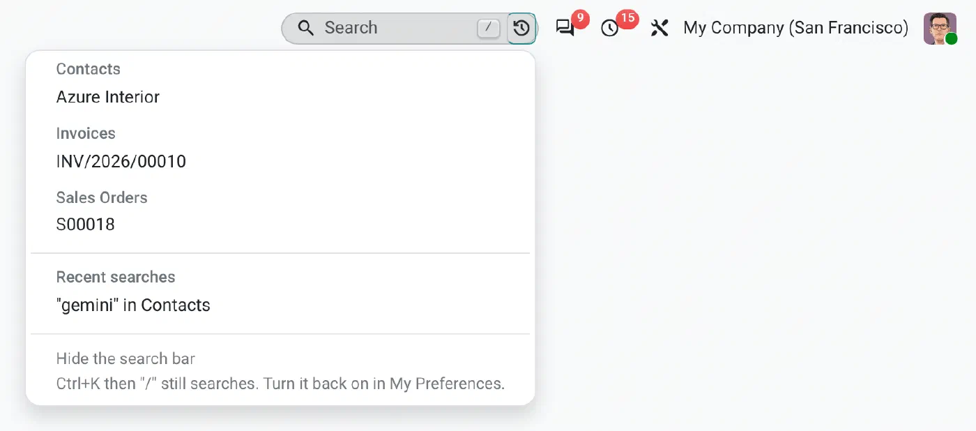 The search field in the Odoo top bar with its menu of recent records and searches open