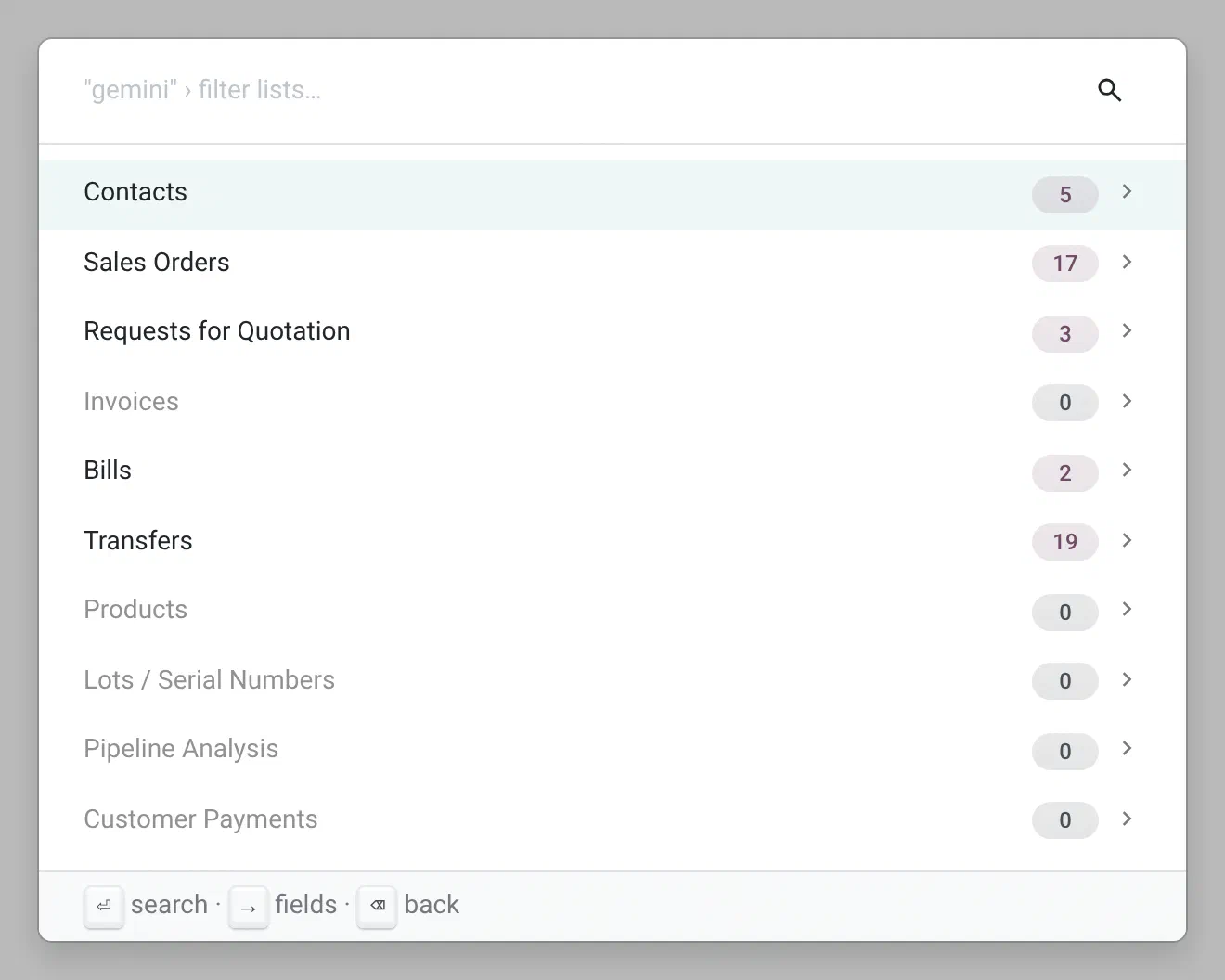 The lists that match gemini, with 5 contacts, 17 sales orders and 19 transfers