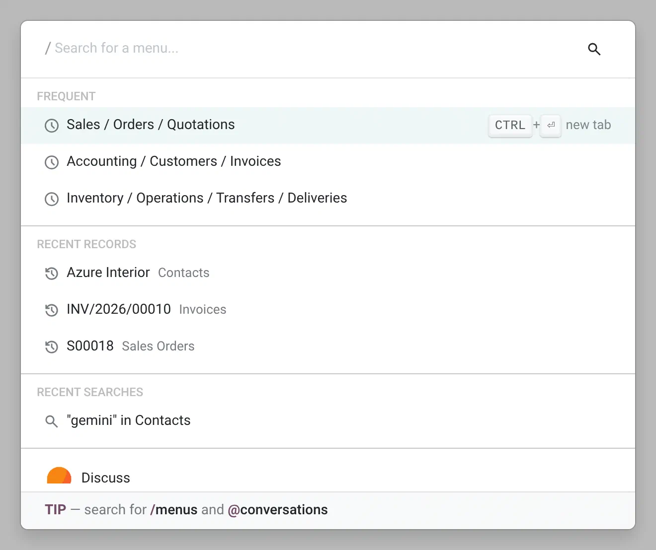 The command palette with your most used menus, recent records and recent searches