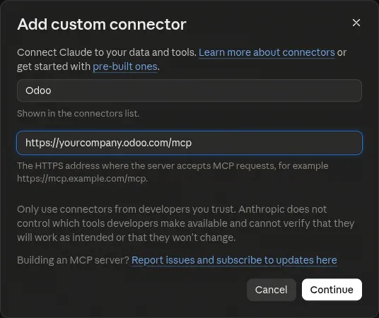 The Add custom connector dialog in Claude, with the name Odoo and the URL https://yourcompany.odoo.com/mcp