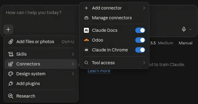 Claude’s + menu with Connectors open and the Odoo connector switched on