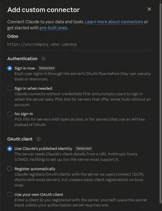 Claude’s connector settings with Sign in now and Use Claude’s published identity selected and marked Detected