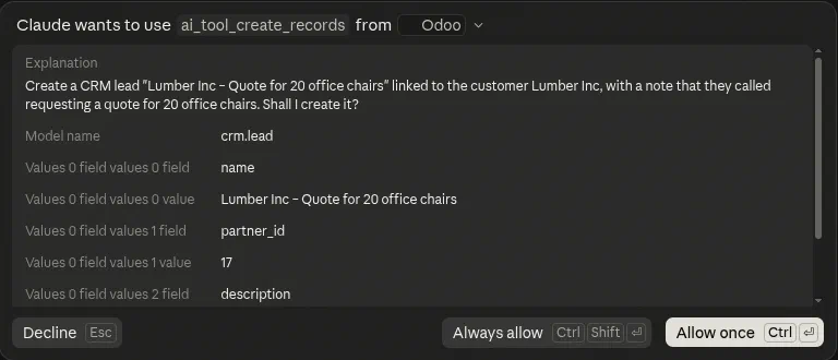Claude asking to use ai_tool_create_records to create a CRM lead for Lumber Inc asking for a quote on 20 office chairs