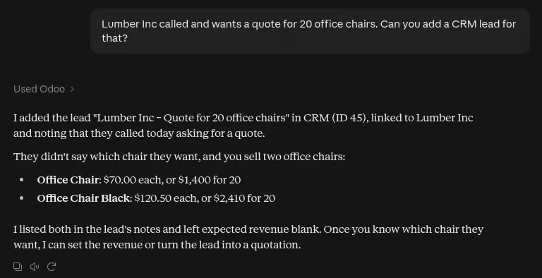 Claude’s reply: it added the lead in CRM, linked to Lumber Inc, and listed the two office chairs in the catalog with prices for 20 of each