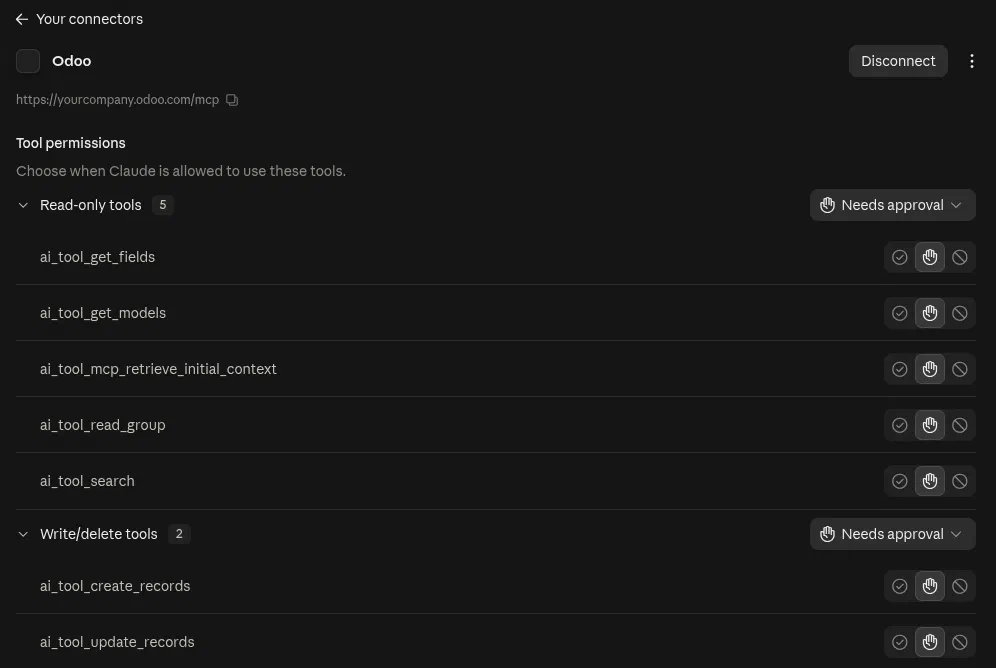 The Odoo connector in Claude, with five read-only tools and two write tools, all set to Needs approval