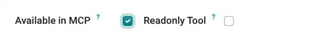The Available in MCP checkbox ticked and Readonly Tool unticked on a server action