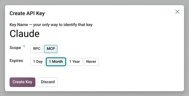 Odoo’s Create API Key dialog with the name Claude, the MCP scope selected and an expiry of 1 Month