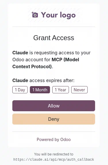 Odoo’s Grant Access page: Claude is requesting access to your Odoo account for MCP, with expiry options and Allow and Deny buttons