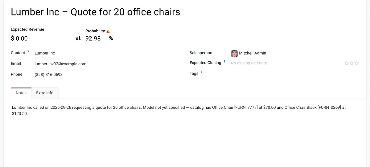 The new Lumber Inc lead in Odoo CRM, with a note listing the two chair options