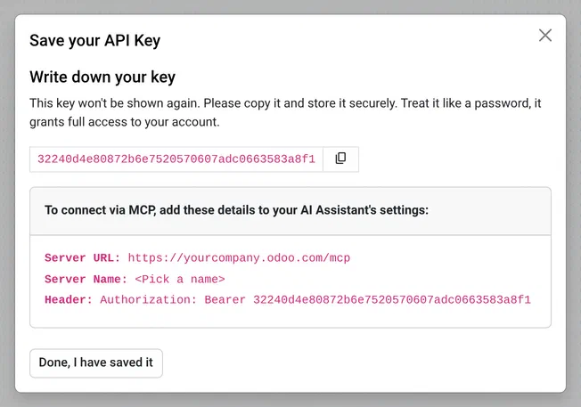 Odoo’s Save your API Key dialog showing the key and the MCP server URL, server name and Authorization header to use