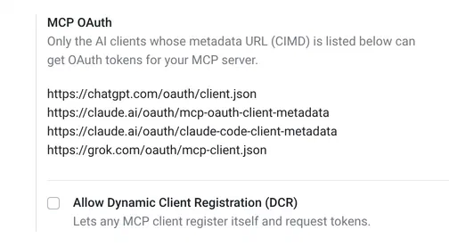 Odoo’s MCP OAuth setting listing the ChatGPT, Claude, Claude Code and Grok metadata URLs, with Allow Dynamic Client Registration unticked